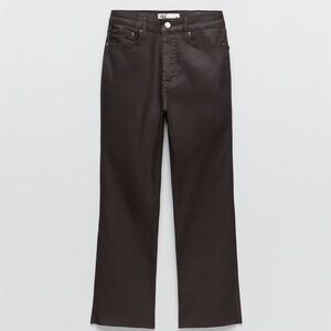Zara The Dreed Flare chocolate brown coated jean pant high rise 14